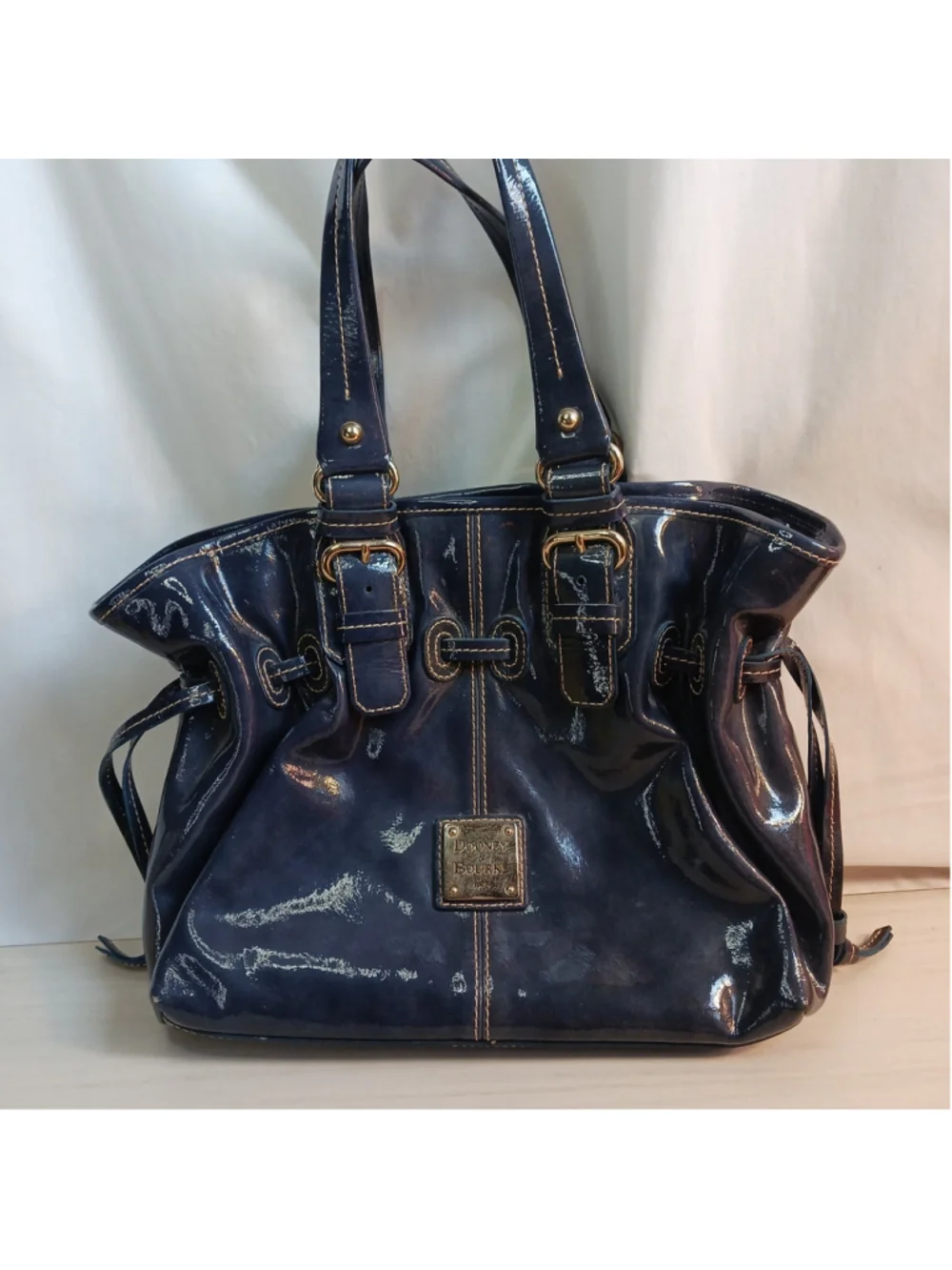 Dooney & Bourke Dark Navy Blue Chiara Patent Leather Shoulder Tote Bag Red Check